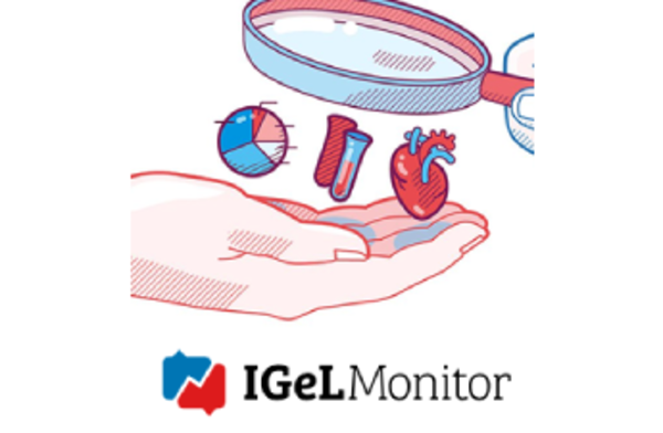 Logo des IGeL-Monitors: Eine Hand hält symbolisch ein Herz (Organ), Reagenzgläser und ein Tortenmodell (Statistik). Eine andere Hand hält eine Lupe darüber.