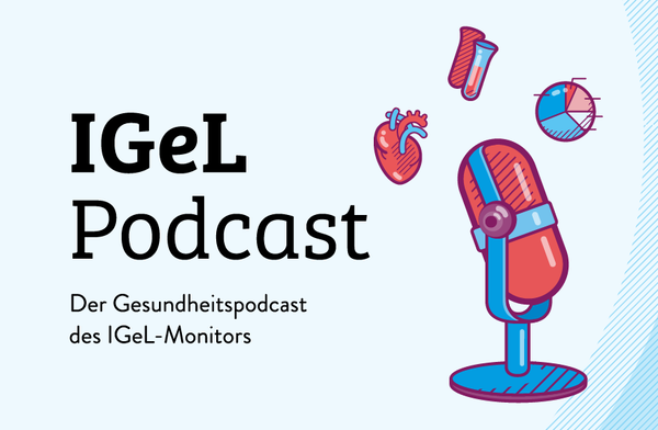 Logo zum Podcast des IGeL-Monitor: rotblaues Radio-Mikrofon, um das ähnlich stilisierte Organe kreisen.